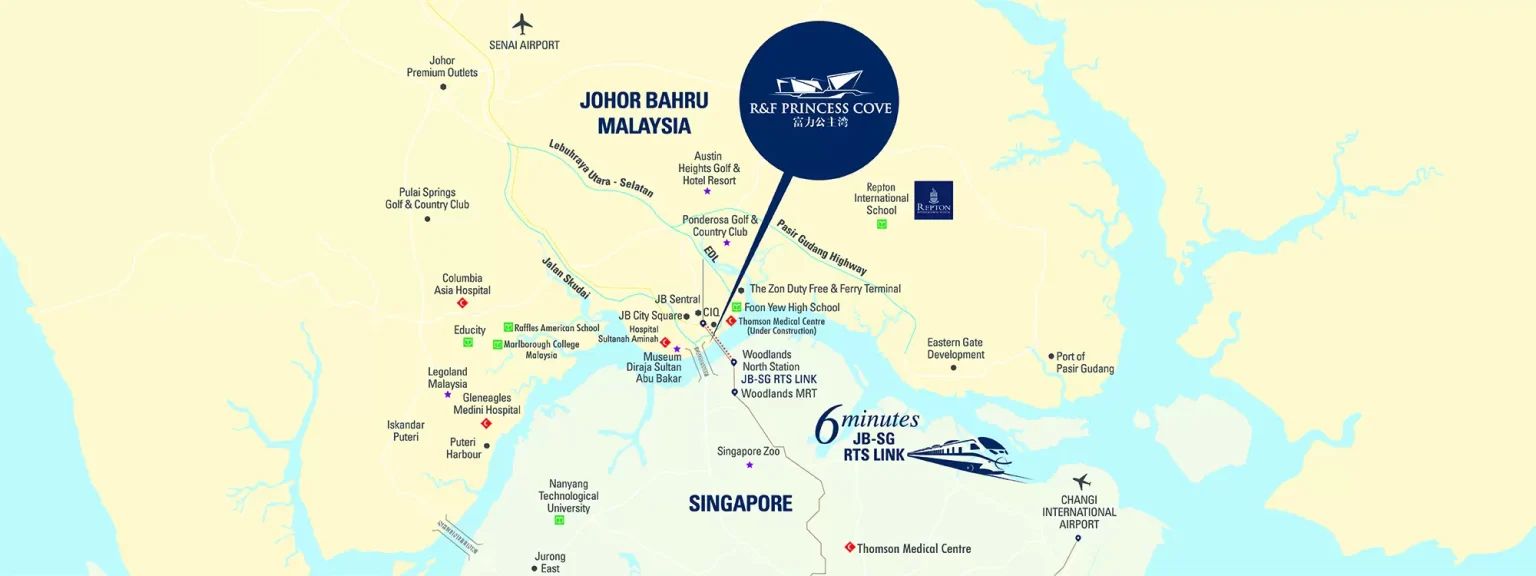 Map showing R&F Princess Cove beside JB CIQ, the RTS Link to Woodlands North, and Singapore